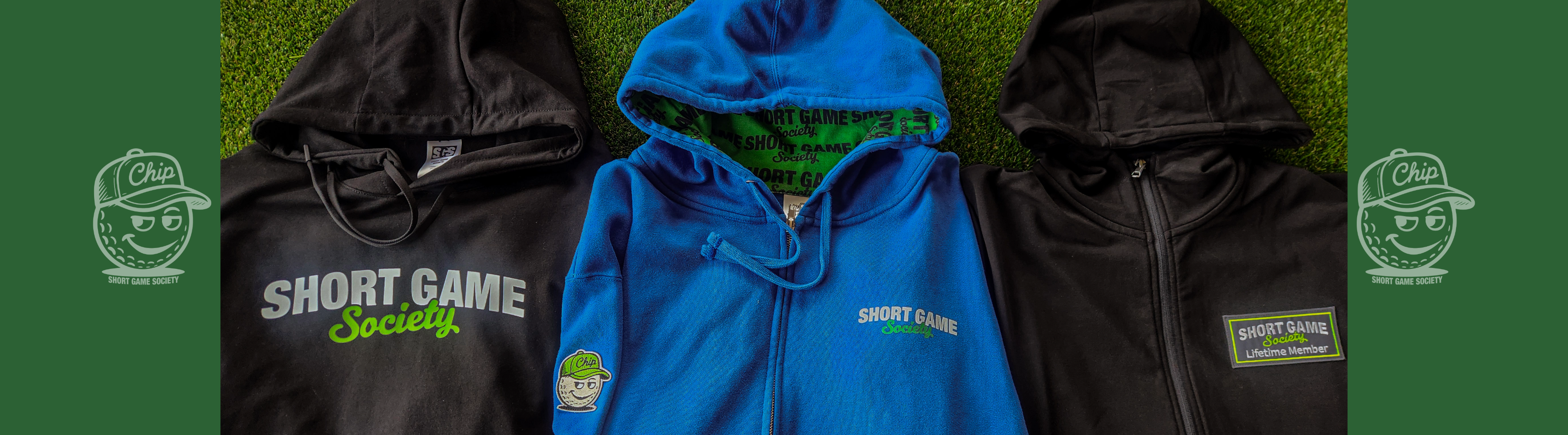 Group of friend out on the clubhouse patio all in their cozy and soft hoodies from Short Game Society