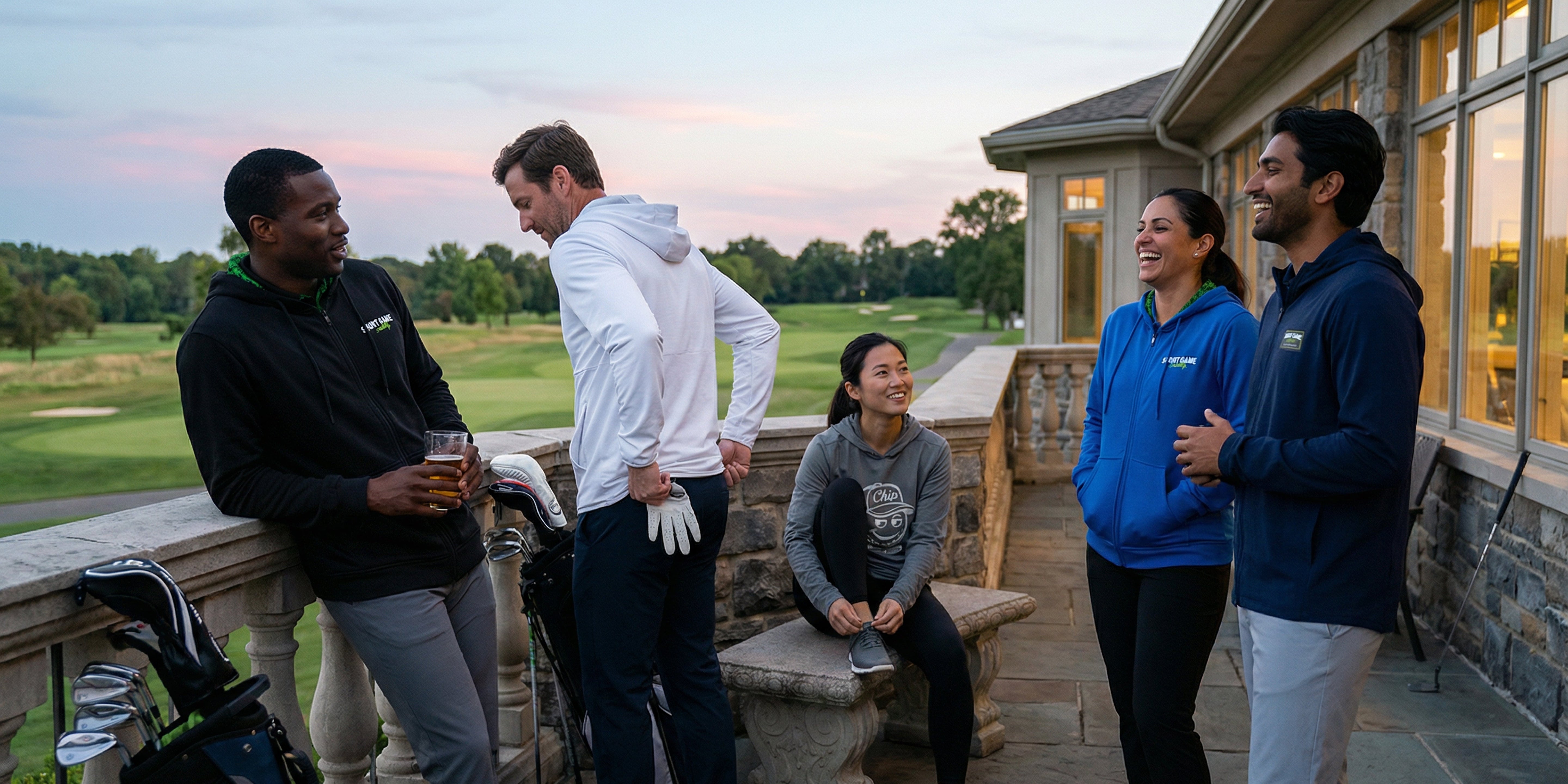 Group of friend out on the clubhouse patio all in their cozy and soft hoodies from Short Game Society